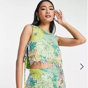 ASOS bright floral print and sequin crop top with fringe